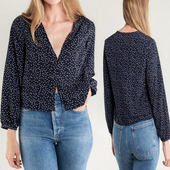 Side Party Sydney V Neck Dotted Buttoned Blouse Navy Blue and White  Size Medium - Picture 1 of 14
